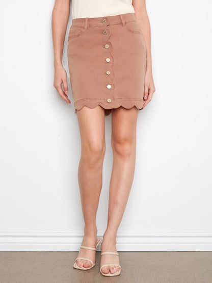 Scalloped Hem Button-Front Twill Skort- Desert