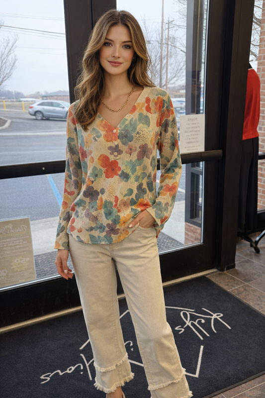 Watercolor Flower Henley Top