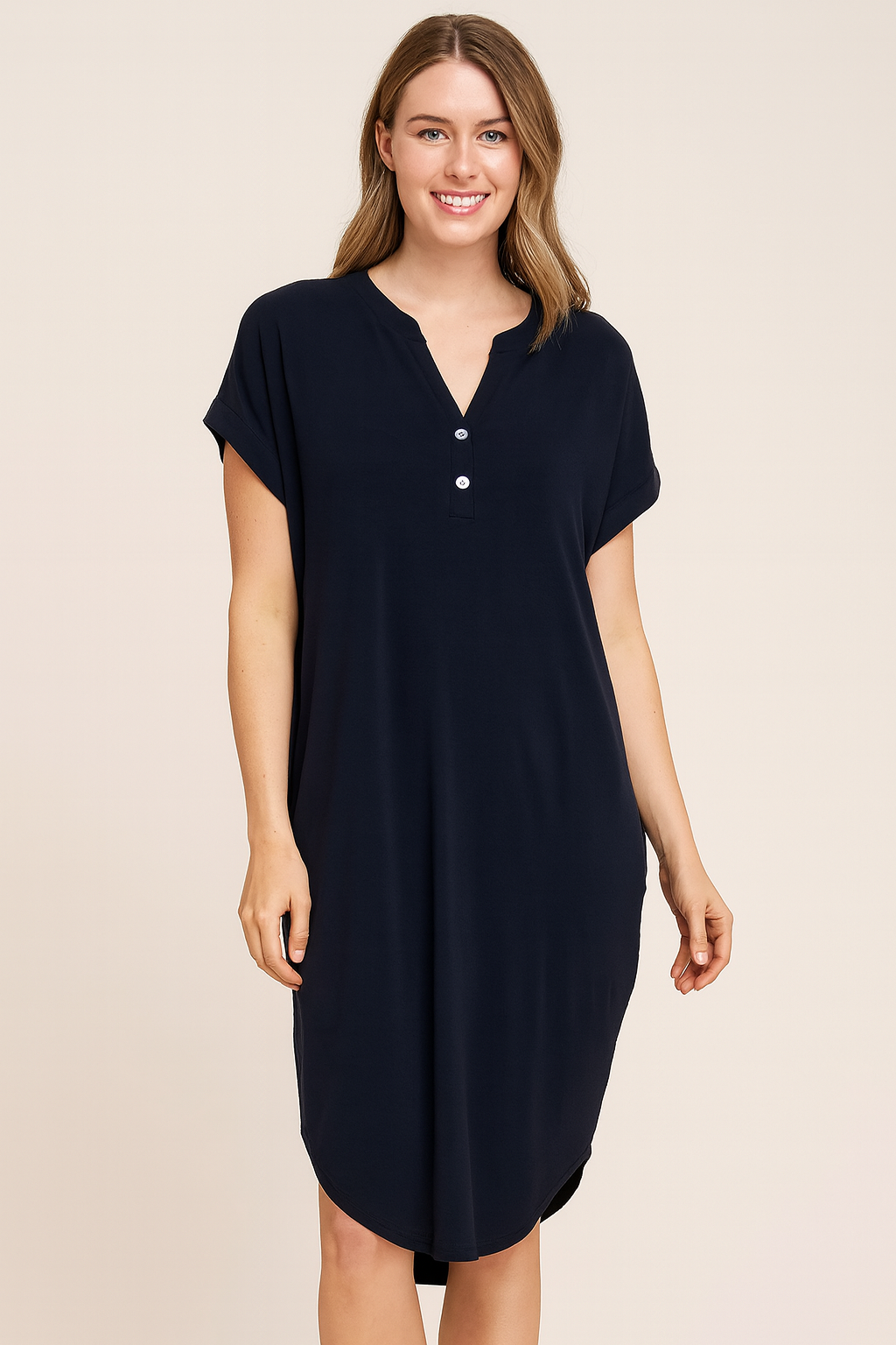 Blue Night Button V-Neck Dress