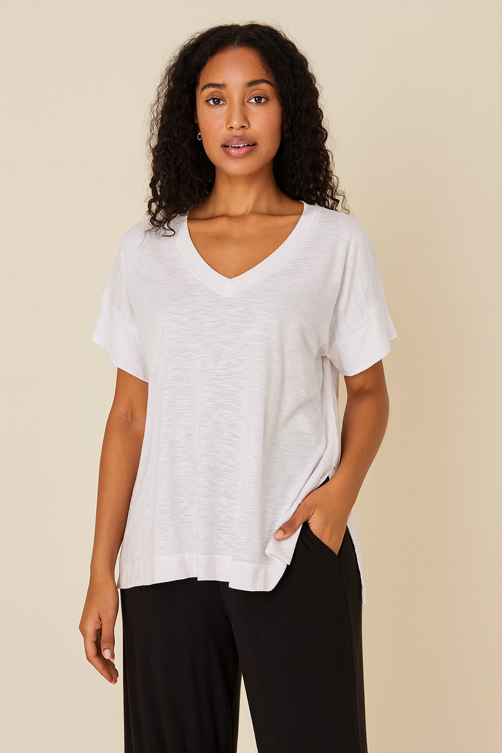 Short Sleeve V-neck Top- White