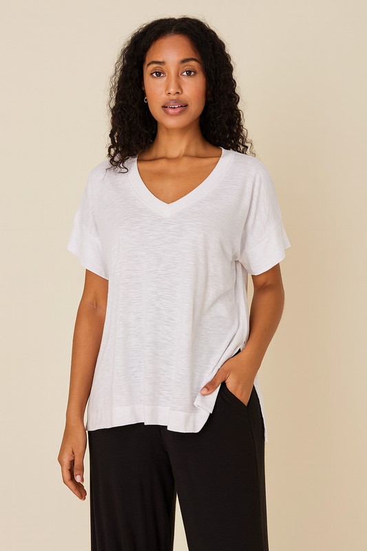 Short Sleeve V-neck Top- White
