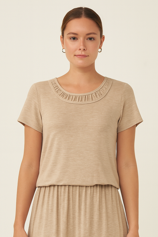 Shirred Neckline Cuff Sleeve Top