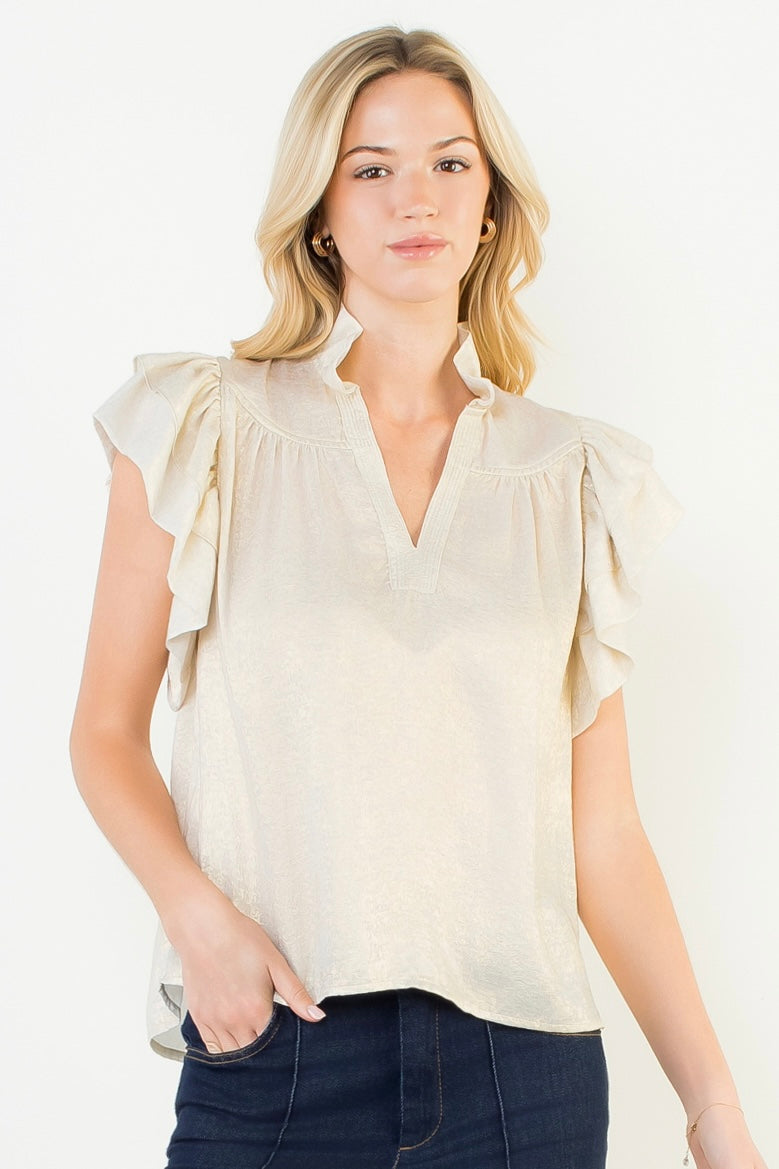 Flutter Sleeve Shimmery Vneck Top
