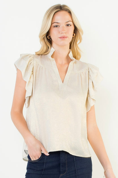Flutter Sleeve Shimmery Vneck Top