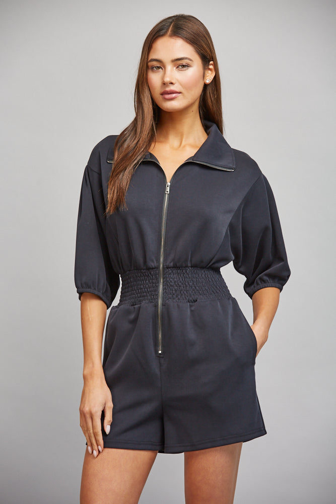 FULL FRONT ZIP CLOSURE SMOCKED WAIST ROMPER