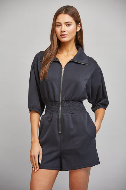 FULL FRONT ZIP CLOSURE SMOCKED WAIST ROMPER