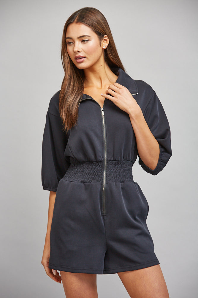 FULL FRONT ZIP CLOSURE SMOCKED WAIST ROMPER