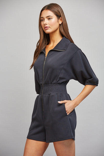FULL FRONT ZIP CLOSURE SMOCKED WAIST ROMPER