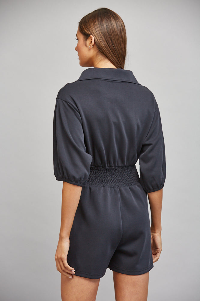 FULL FRONT ZIP CLOSURE SMOCKED WAIST ROMPER