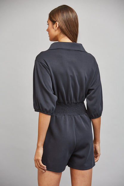 FULL FRONT ZIP CLOSURE SMOCKED WAIST ROMPER