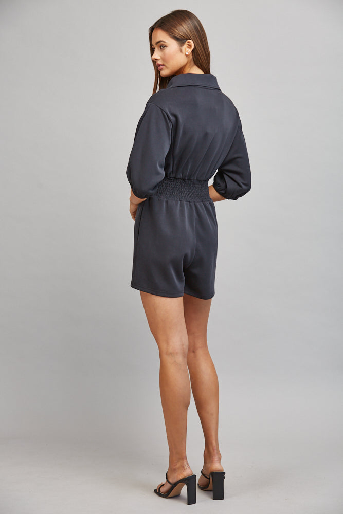 FULL FRONT ZIP CLOSURE SMOCKED WAIST ROMPER