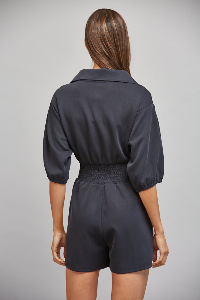 FULL FRONT ZIP CLOSURE SMOCKED WAIST ROMPER