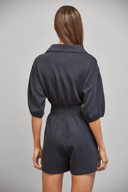 FULL FRONT ZIP CLOSURE SMOCKED WAIST ROMPER