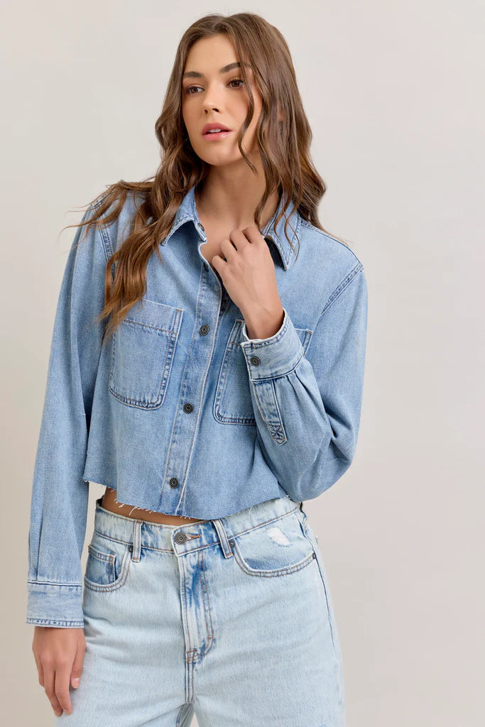 [ABBEY] Light Wash Cropped Denim Shirt