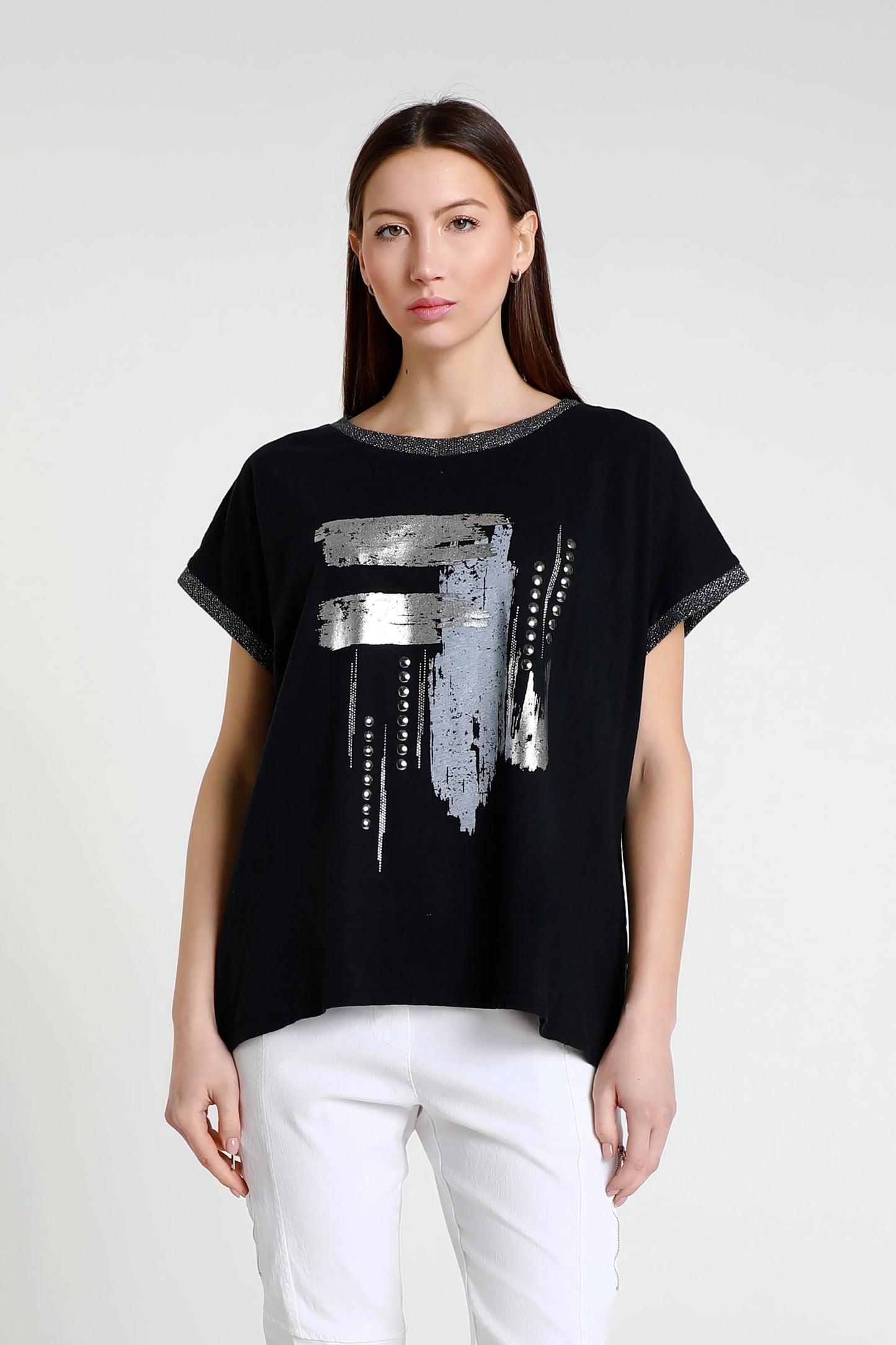 Vanya Abstract Black Short Sleeve Applique T-Shirt