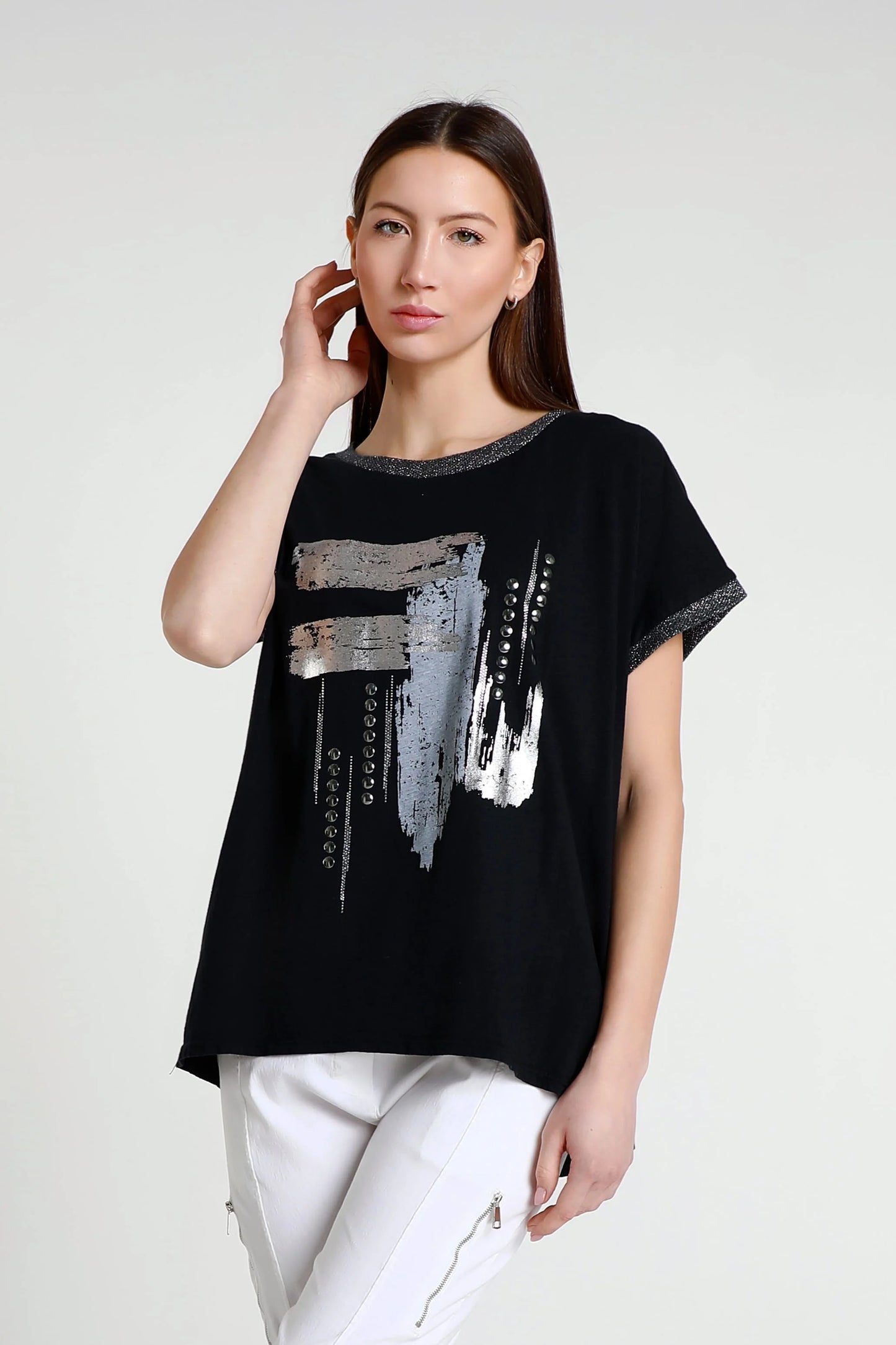 Vanya Abstract Black Short Sleeve Applique T-Shirt