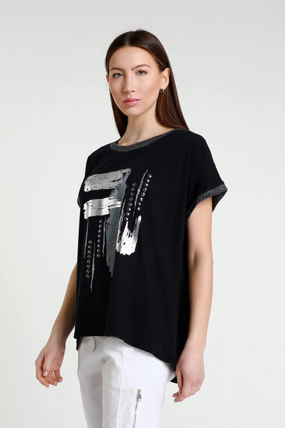 Vanya Abstract Black Short Sleeve Applique T-Shirt