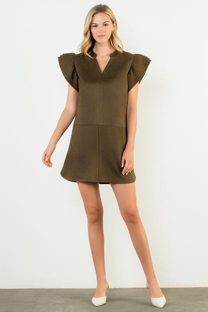 Flutter Sleeve Suede Dress