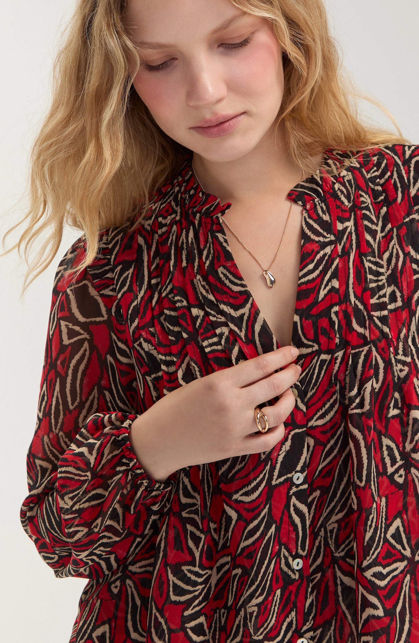 Long Sleeve Woven Blouse W/ Pintucks