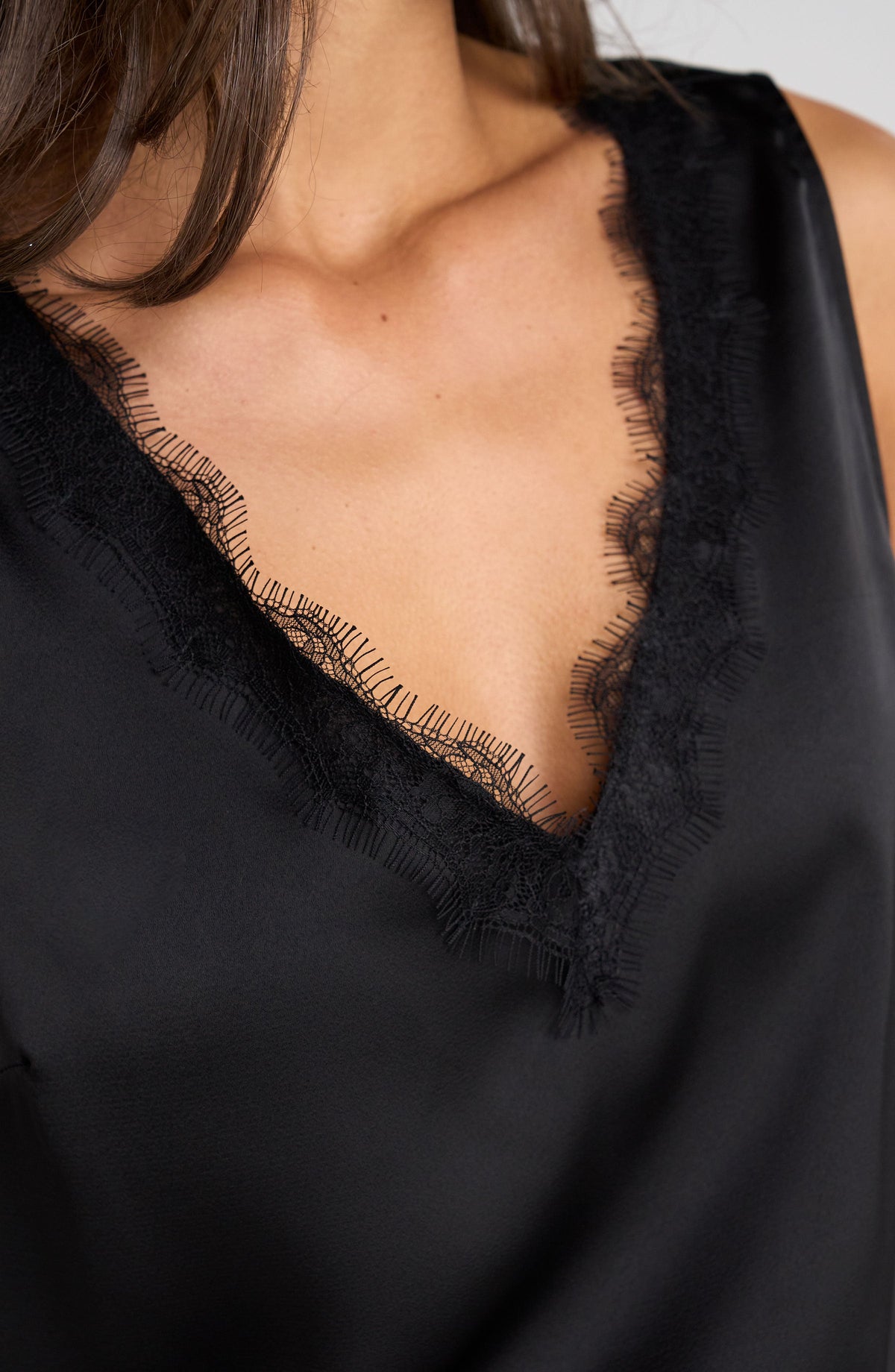 V-neck Woven Tank W/ Lace Trim