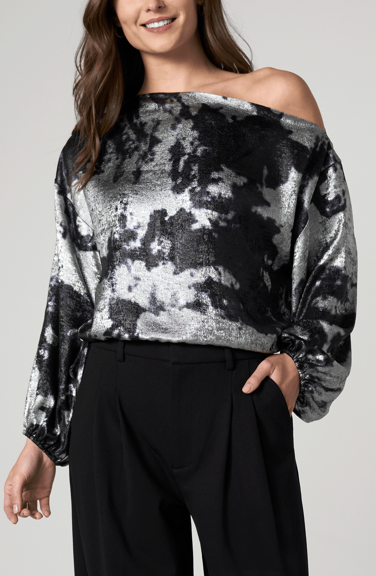 Long Sleeve One Shoulder Woven Top W/ Ties