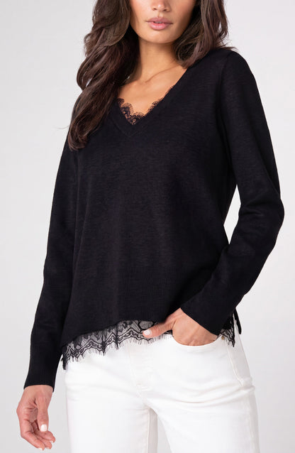 V-neck Long Sleeve Sweater W/ Lace