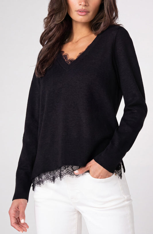V-neck Long Sleeve Sweater W/ Lace