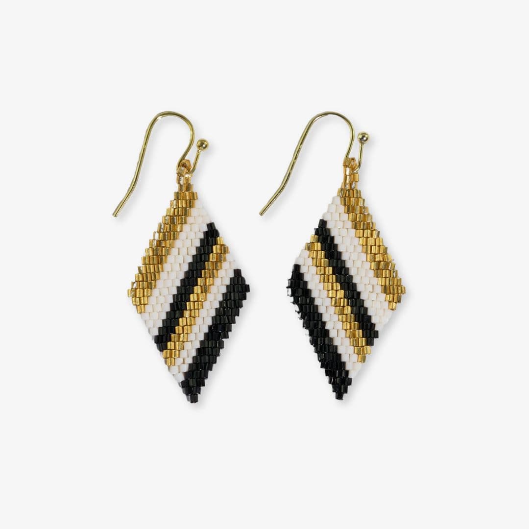 Zelda Diagonal Stripes Beaded Diamond Drop Earrings Black