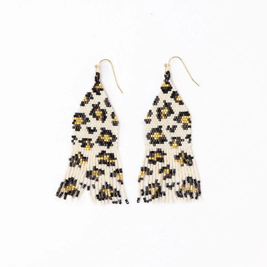 Delilah Cheetah Print Beaded Fringe Earrings Ivory, Black, + Gold