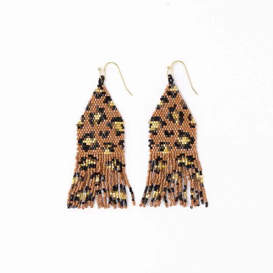 Delilah Cheetah Print Beaded Fringe Earrings Mocha, Black, + Gold