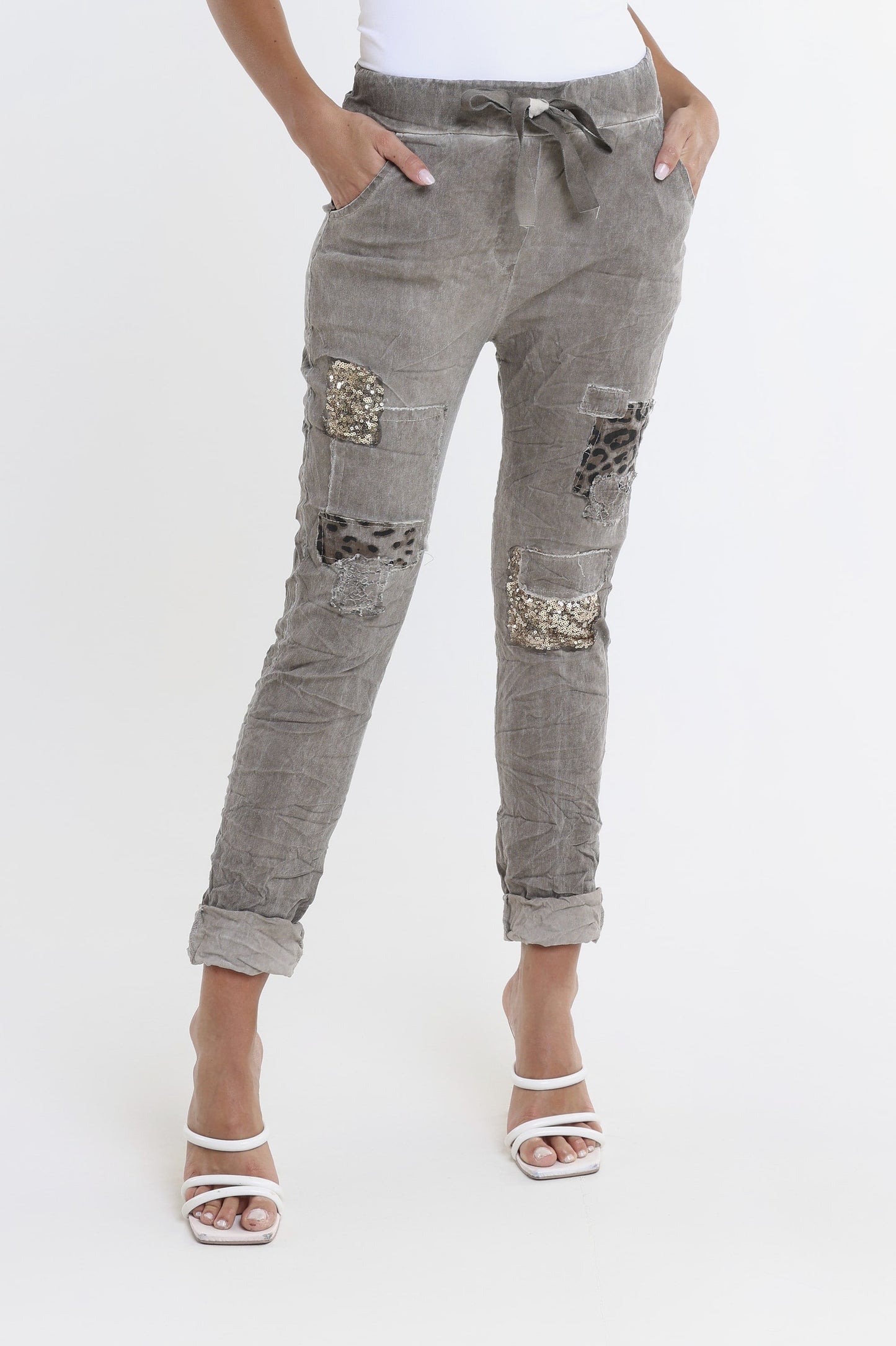 Kelly Leopard Sequin Patch Pant Taupe