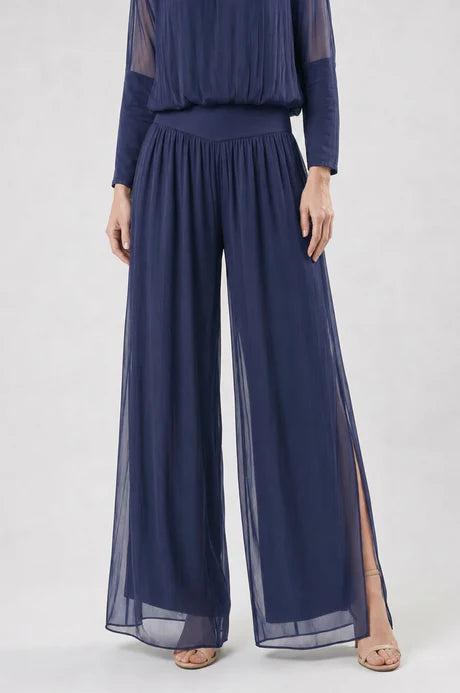Eva Silk Side Slit Navy Pant