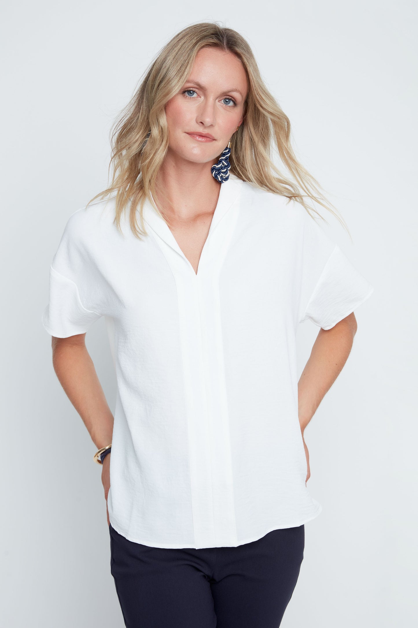 Effortless V-Neck Short Sleeve Blouse- Creme