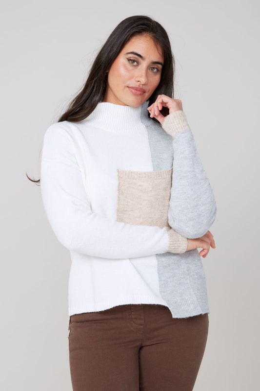 Colorblock Pocket Turtleneck Sweater Cream Combo