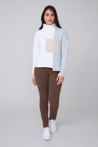 Colorblock Pocket Turtleneck Sweater Cream Combo