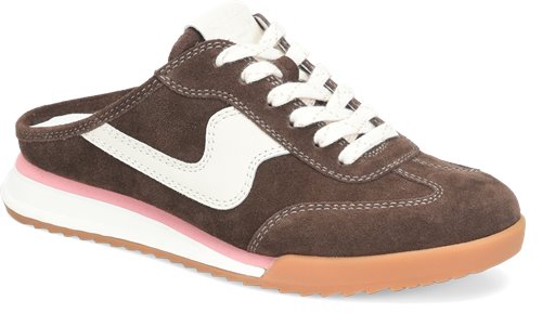 A brown suede sneaker-style shoe with white laces, a white side stripe, a pink midsole accent, and a gum-colored outsole, shown on a white background.