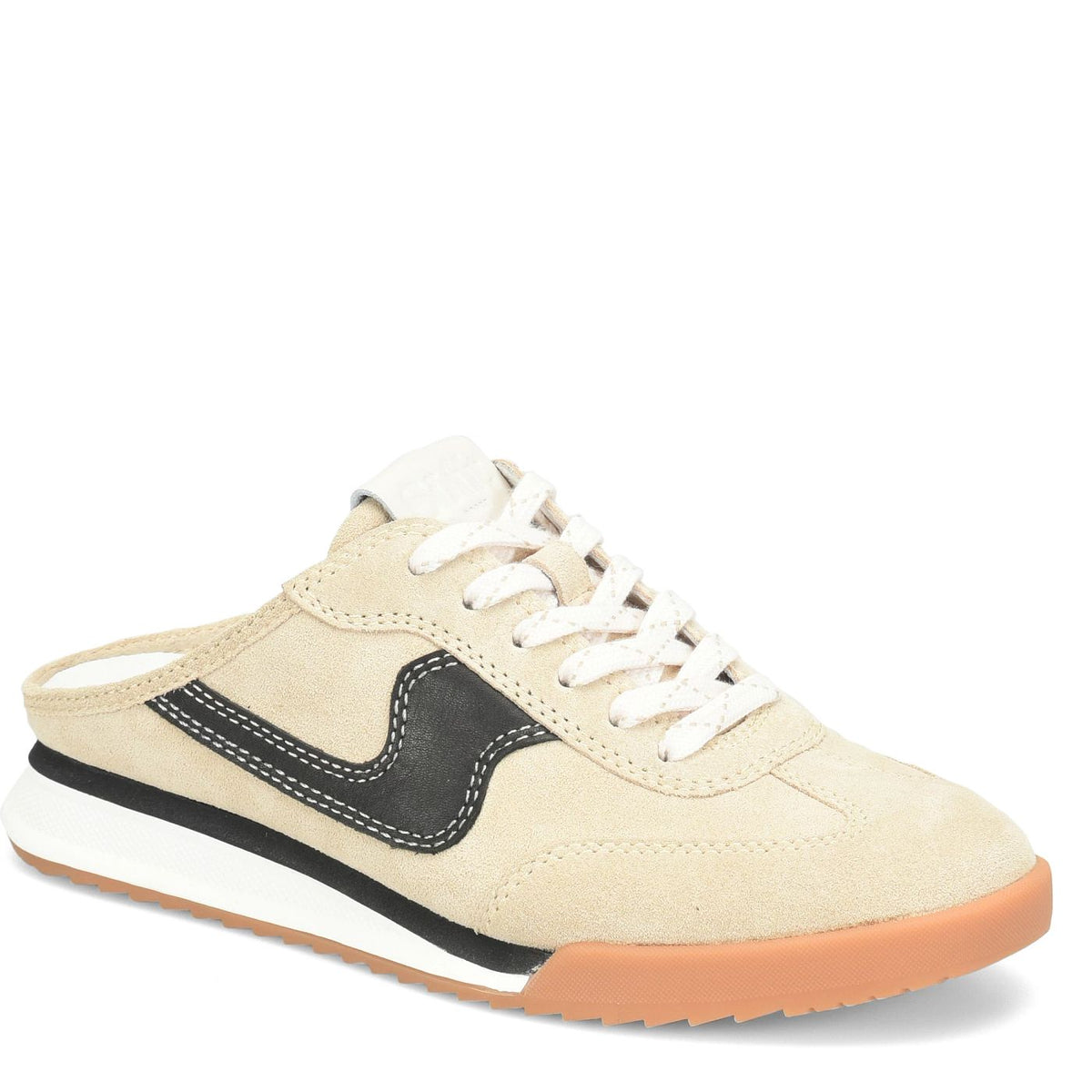 A low-top sneaker in beige suede with a black side stripe, white laces, a white midsole, and a gum-colored outsole, shown on a plain white background.