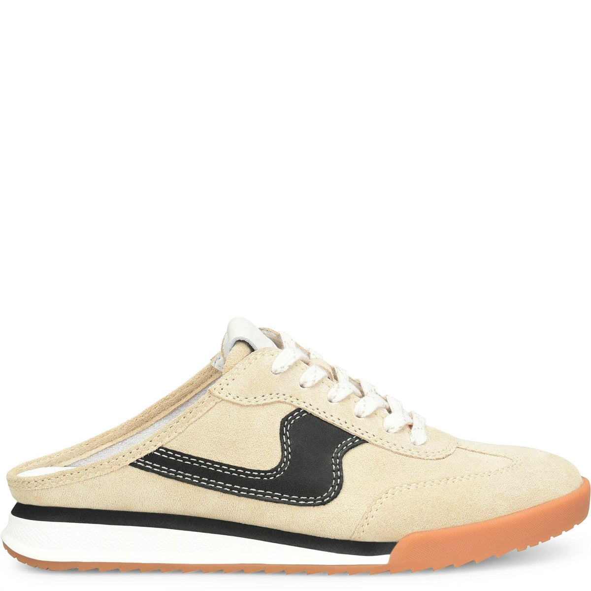 A low-top sneaker in beige suede with a black side logo accent, white laces, a white midsole, and a gum orange outsole, shown from a side profile on a white background.