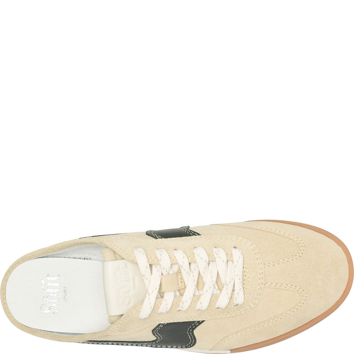 A top-down view of a low-top sneaker in beige suede with white laces, dark green side accents, and a gum rubber sole, shown against a plain white background.