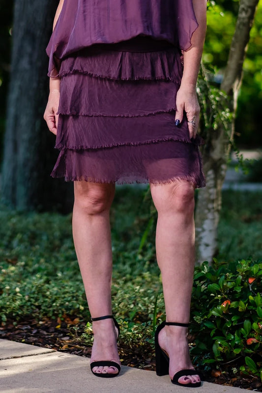 Marisa Silk Eggplant Ruffle Skirt