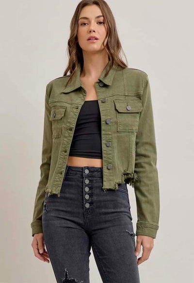 HIDDEN Military Olive Frayed Cropped Fitted Jacket