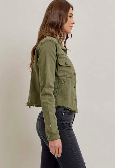 HIDDEN Military Olive Frayed Cropped Fitted Jacket