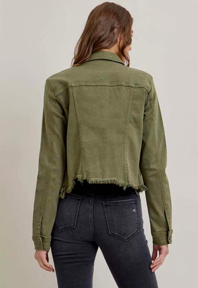 HIDDEN Military Olive Frayed Cropped Fitted Jacket