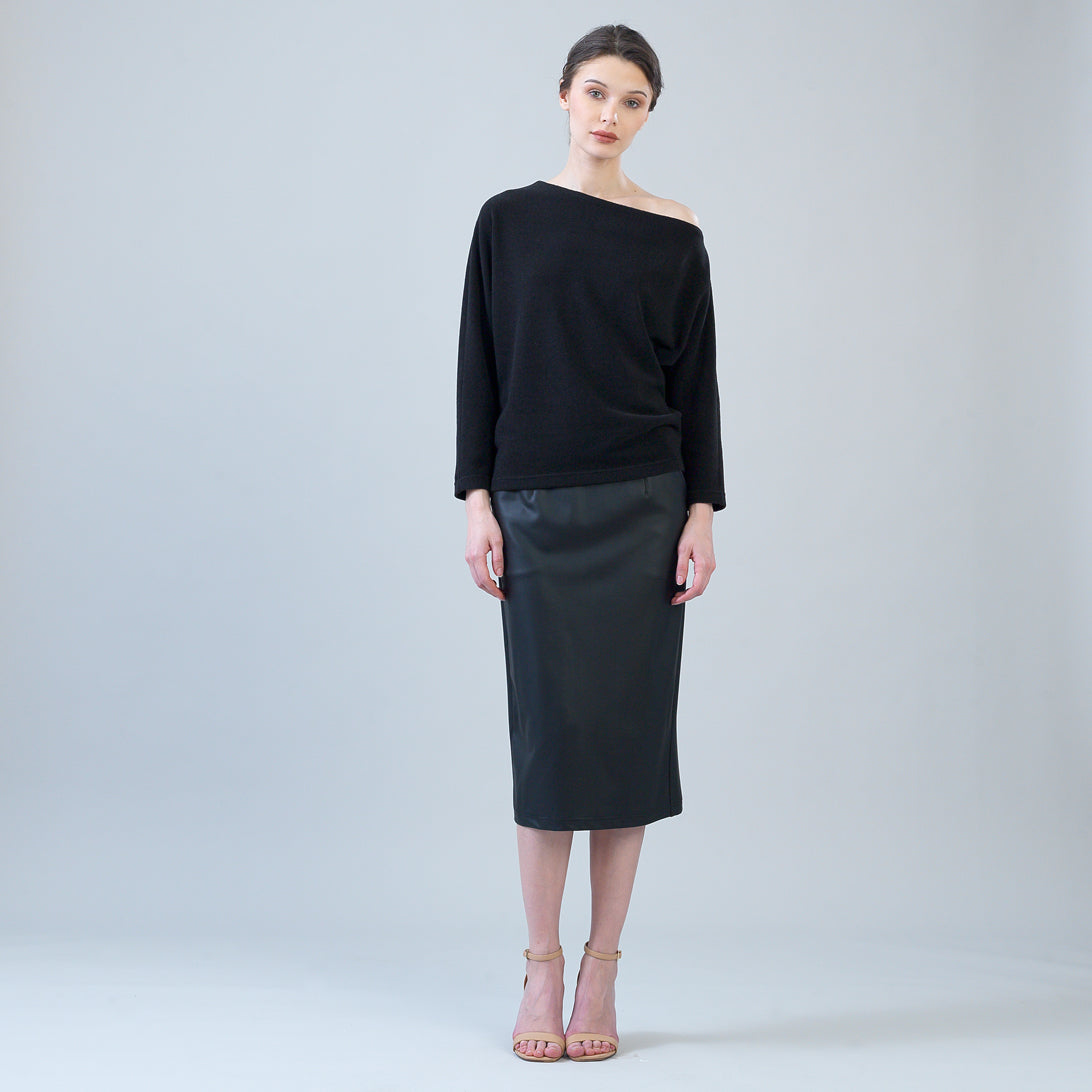 Plush Cozy - Angled Neck Sweater - Black