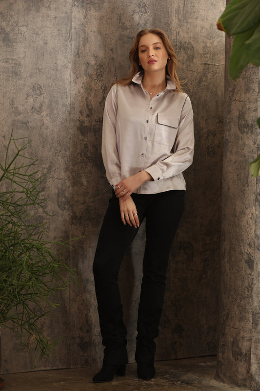 Taupe Silky Blouse with Detail