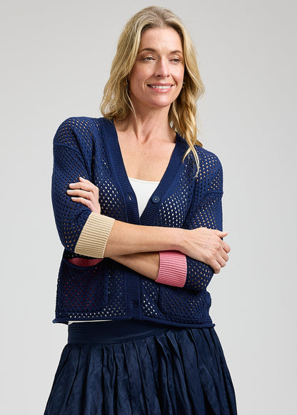 Navy Mesh Contrast Pocket Cardigan