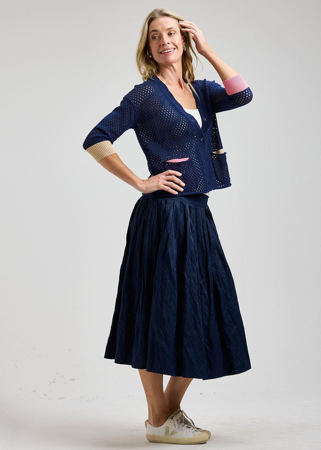 Navy Mesh Contrast Pocket Cardigan