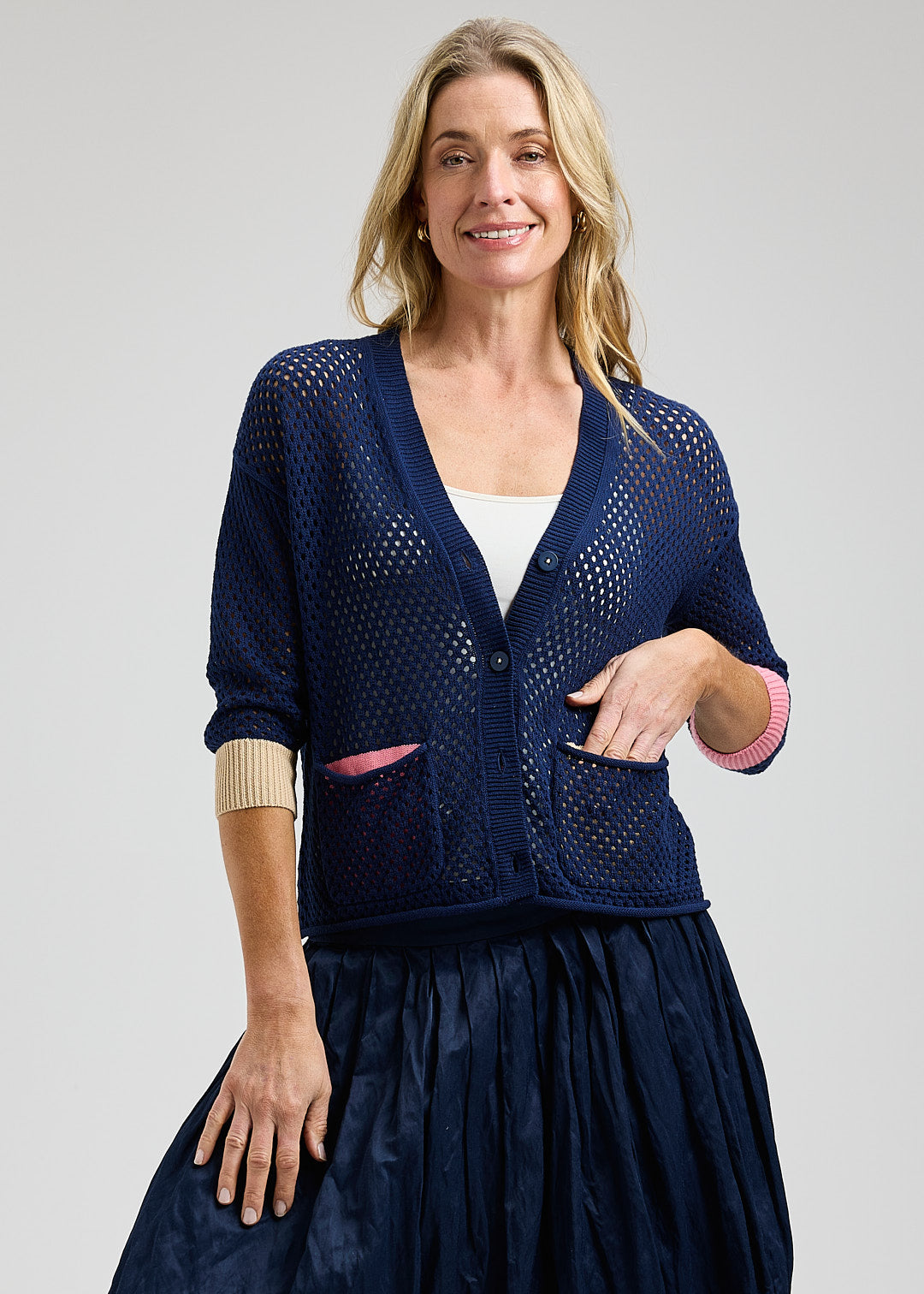 Navy Mesh Contrast Pocket Cardigan