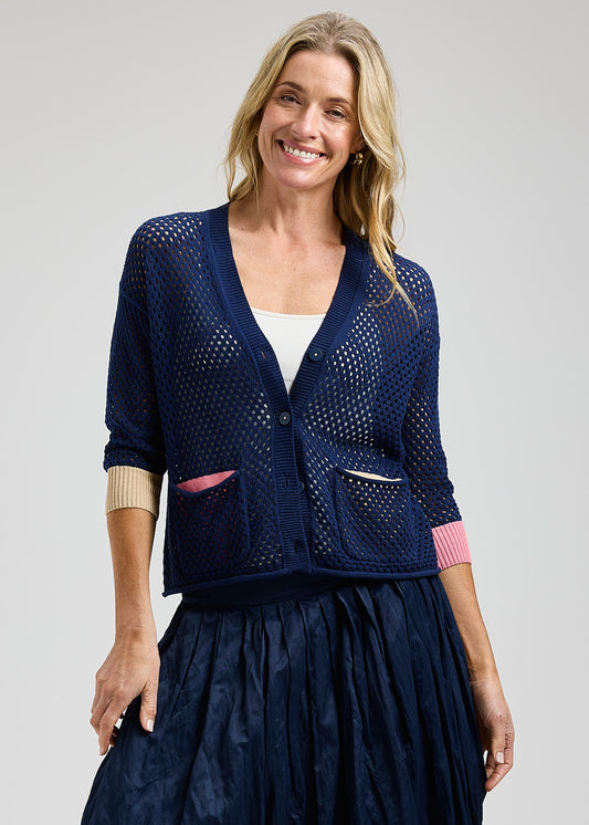 Navy Mesh Contrast Pocket Cardigan