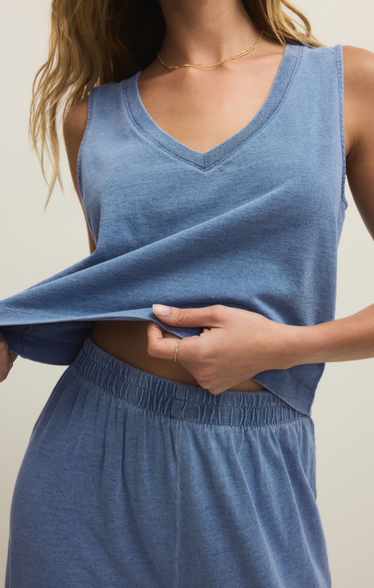 Sloane V-Neck Jersey Denim Top Santorini Indigo